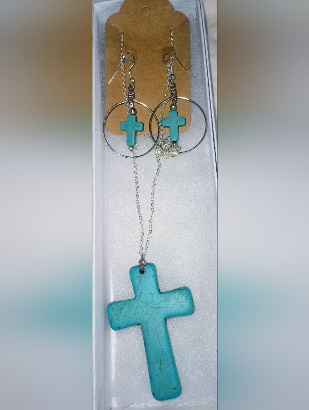 Turquoise Cross Pendant Necklace and Earrings Set - Unbranded